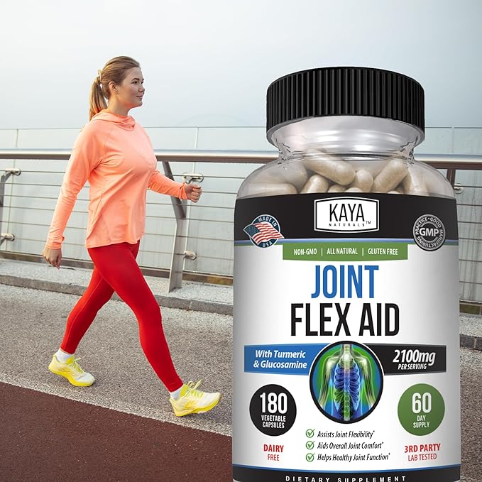 Kaya Naturals Flex Aid - Mobility Support Supplement for Men and Women - Turmeric Capsules with Glucosamine Sulfate Boswellia Serrata and MSM - for Knee Support and Mobility Health - 180 Count