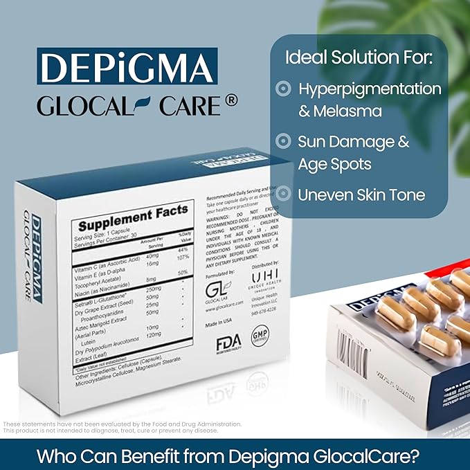 GlocalCare Depigma Support Reduction of Hyperpigmentation Melasma &amp Dark Spots with Glutathione Polypodium Leucotomos Grape Seed &amp Marigold Extract