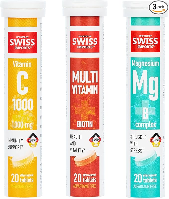 Effervescent Variety Pack with Vitamin C 1000mg Magnesium + B Complex Multivitamin + Biotin 3-Pack 60 Tablets