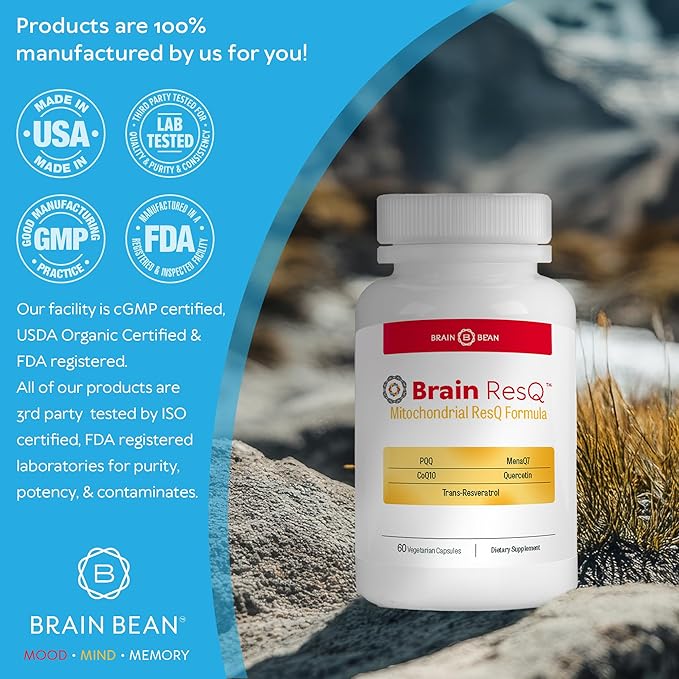 Brain ResQ Advanced Mitochondrial Formula with PQQ CoQ10 Trans Resveratrol MenaQ7 &amp Quercetin Supplement - 100mg of CoQ10 &amp 15mg PQQ – Supports Brain Heart &amp Cellular Health – 60 Capsu