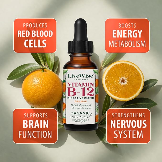 Organic Vitamin B12 1000 mcg Sublingual Liquid Drops For Adults 6 Months Supply 1 oz Methylcobalamin &amp Adenosylcobalamin - Bioactive Blend for Energy Clarity &amp Focus - Vegan Non-GMO Orang