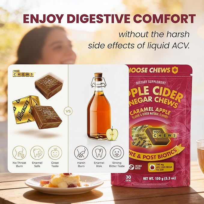 Apple Cider Vinegar Chews – 500 Mg Organic Apple Cider Vinegar Gummies with Prebiotics &amp Postbiotics | Gut Balance Support | Low Sugar Apple Cider Gummies | Caramel Flavor | 30 Chews Pack