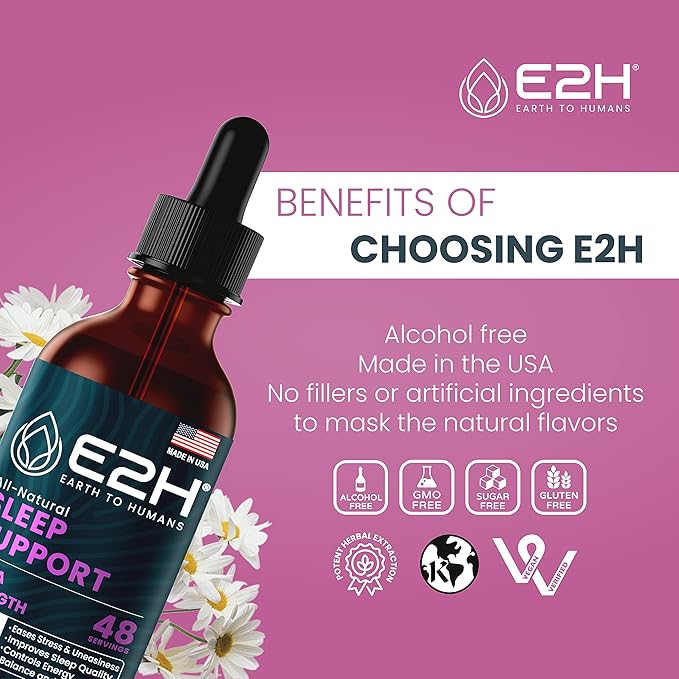 E2H Natural Sleep Aid - Liquid Melatonin with Chamomile Theanine - Sleep Better Deeper Longer - Vegan GMO-Free - Provides Stress Relief (3 Bottles)