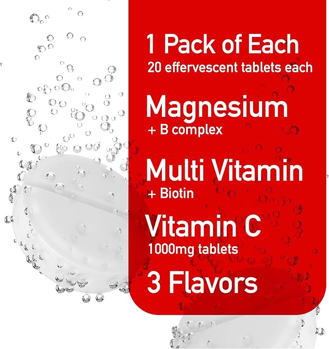 Effervescent Variety Pack with Vitamin C 1000mg Magnesium + B Complex Multivitamin + Biotin 3-Pack 60 Tablets