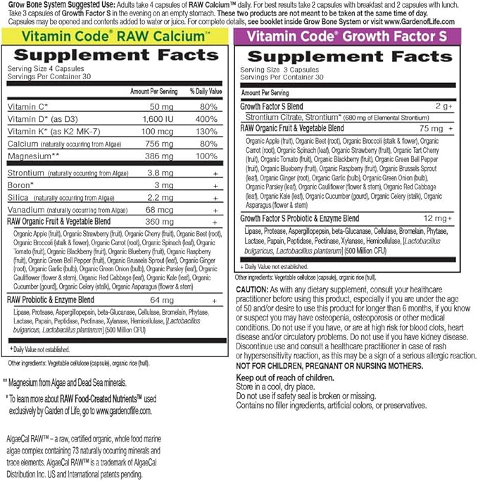 Garden of Life Calcium Supplement - Vitamin Code Grow Bone Made with Whole Foods Strontium Magnesium K2 MK7 Vitamin D3 &amp C Plus Probiotics for Gut Health 30 Day Supply