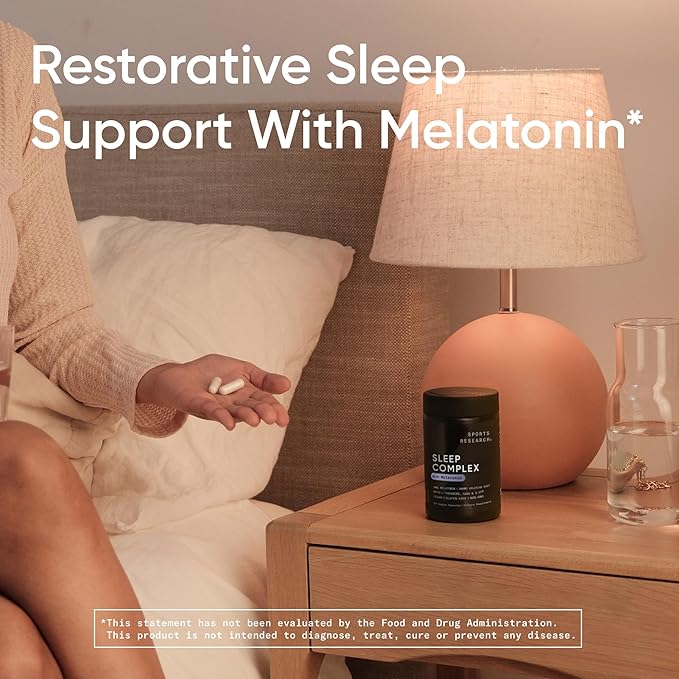 Sports Research® Sleep Complex with Melatonin 5mg L-Theanine 200mg &amp Magnesium - Supports Restorative Sleep &amp Relaxation - Vegan Certified · Non-GMO · Gluten Free - 60 Veggie Capsules