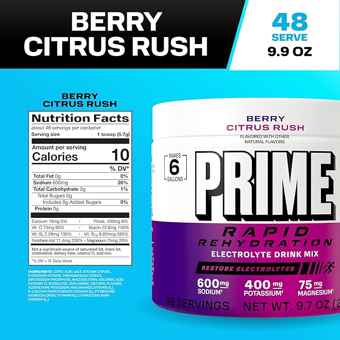 Prime Rapid Rehydration Electrolyte Powder Berry Citrus Rush Sugar Free Hydration Drink Mix with Sodium Potassium Magnesium &amp B Vitamins to Replenish Fluids Caffeine Free 6 Gallon Tub 48 SR