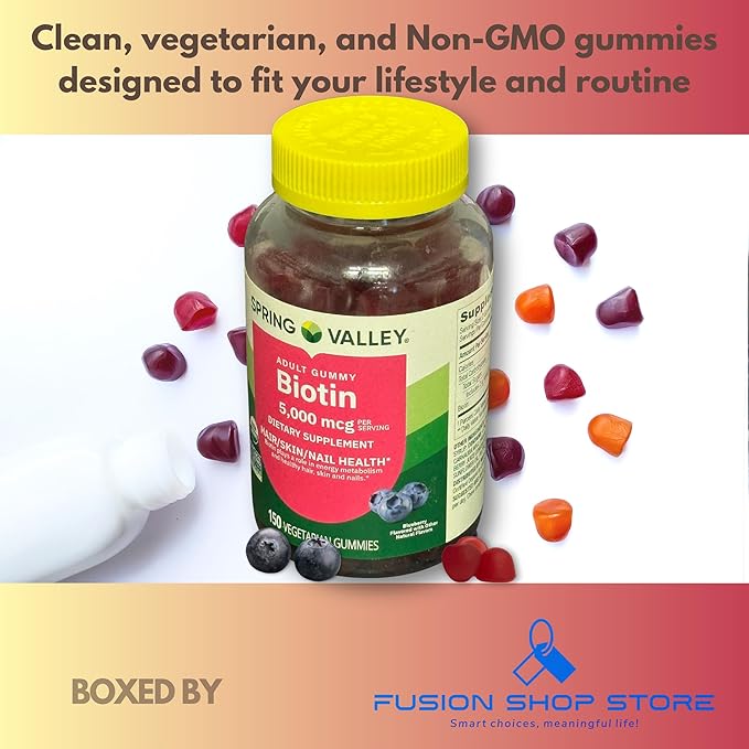 Biotin 5000mcg- Blueberry Flavor Hair Skin and Nails 150 Gummies (Pack of 1) Boxed by Fusion Shop Store