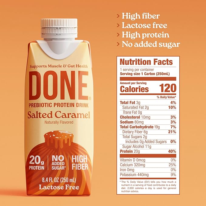 Done Prebiotic Protein Drink Salted Caramel 20G Whey Protein High Fiber Protein Shake With Prebiotics Gluten Free Lactose Free No Added Sugar Natural Flavor Non GMO 8.4 FL Oz Each 15 Pack