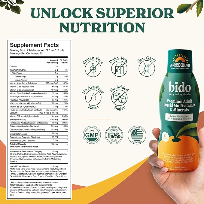 Bido Adult Liquid Multivitamin &amp Minerals for Women and Men | 60+ Nutrients for Energy Immunity Mood | Orange Flavor 32 Servings