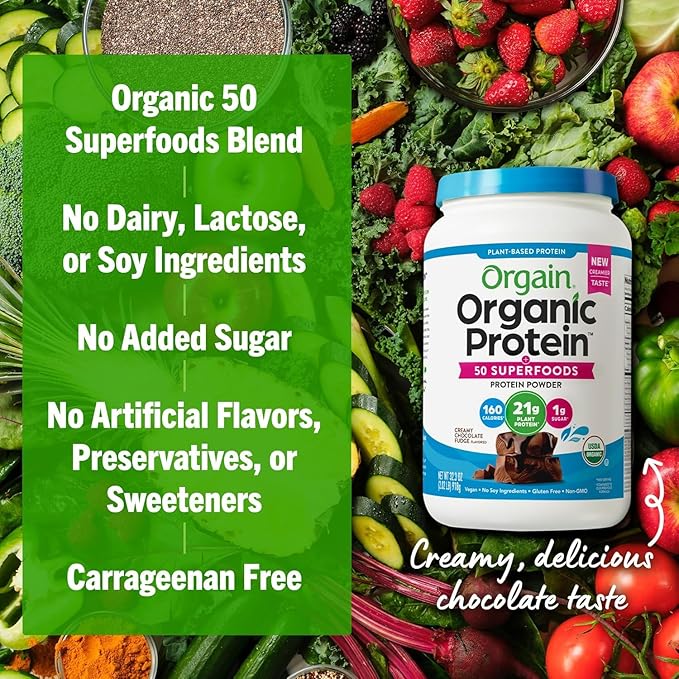 Orgain Organic Vegan Protein + 50 Superfoods Powder Bundle - Creamy Chocolate Fudge &amp Vanilla Bean 21g Plant Based Protein 2.02 lb Each
