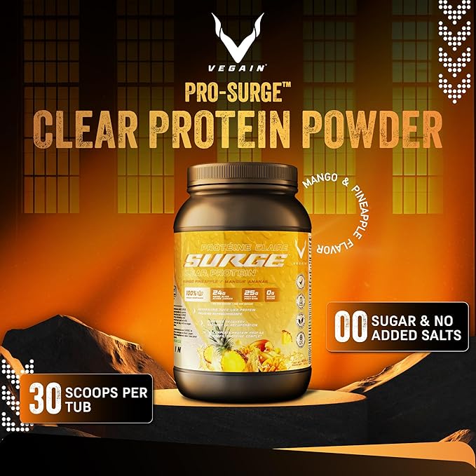 PRO-SURGE Clear Protein Powder Mango Pineapple Flavor 454g - 30 Servings 25g Plant-Based Protein Isolate - Sugar-Free Dairy-Free Soy-Free Gluten-Free Hydration Clear &amp Refreshing Juice-Like D