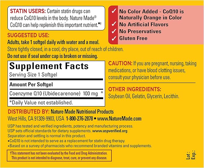 Nature Made CoQ10 100mg Softgels Dietary Supplement for Heart Health Support 120 Softgels 120 Day Supply