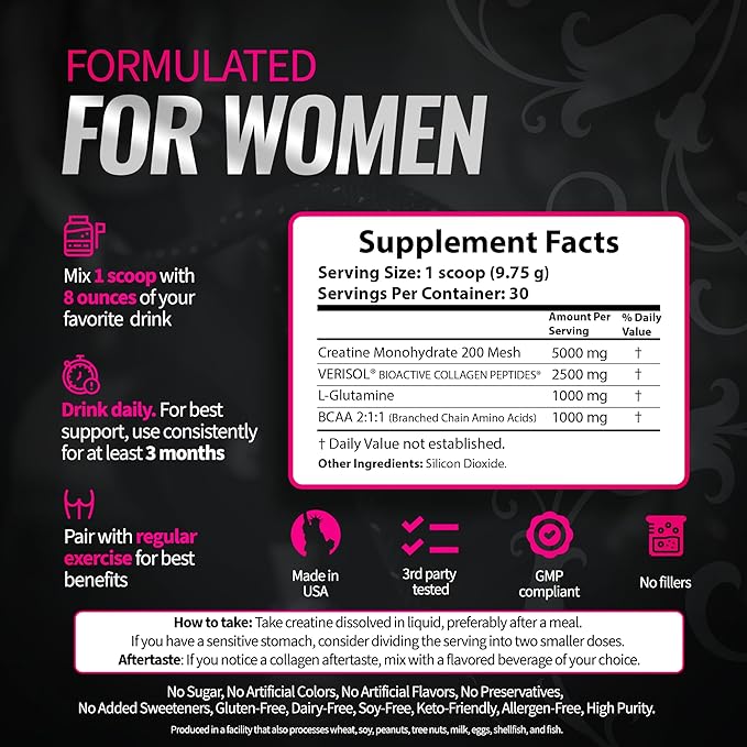 Creatine for Women – Booty Builder Supplement with Collagen &amp BCAA – Supports Muscle Development Post-Workout Recovery Skin Elasticity Healthy Hair &amp Nail | Unflavored – 30 Servings