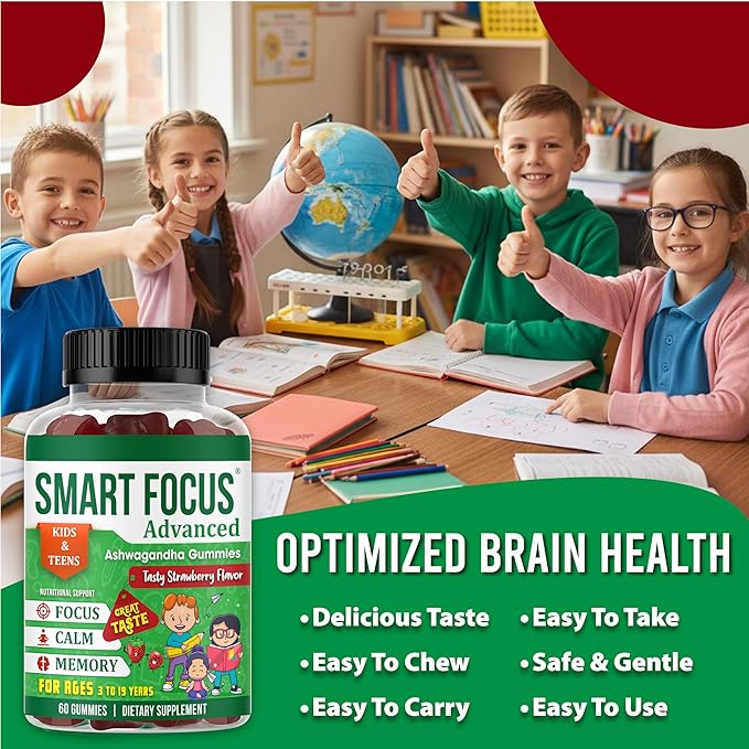 Kids Focus Gummies with Calm Ashwagandha Supplements for Kids &amp Teens – Calm Gummies for Attention Memory &amp Relaxed Sleep – Natural Strawberry Flavor – 60 Gummies