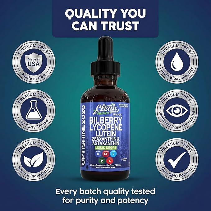 Clean Nutra Lutein and Zeaxanthin Eye Vitamins Supplement Lycopene Astaxanthin Bilberry Liquid Drops | Organic Astaxanthin Daily Lutein for Eyes Health Support Vitamin Minerals Extract | 60 Servings