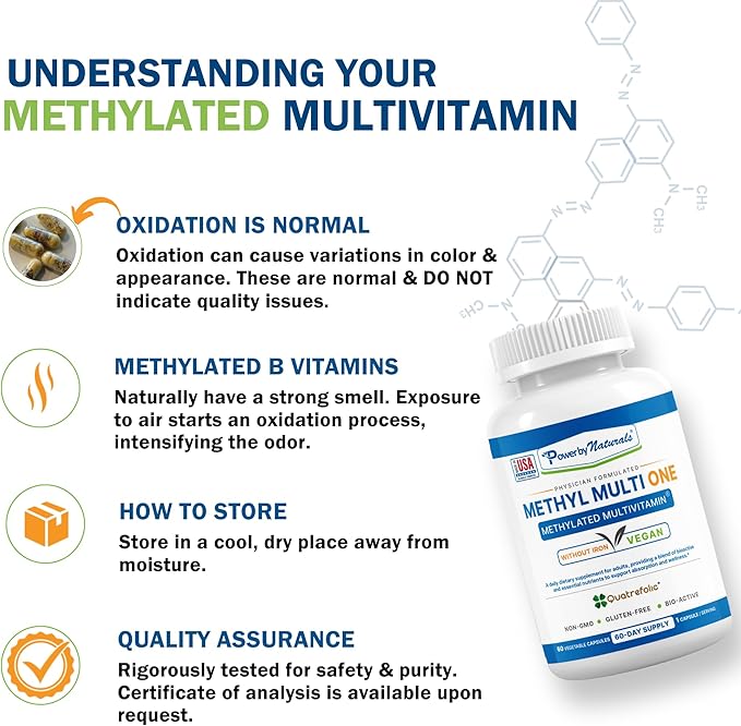 Power By Naturals Methyl Multi One – Iron-Free Methylated Multivitamin for Men &amp Women with B12 Methylcobalamin P5P Folate (5-MTHF) CoQ10 &amp Zinc for Energy &amp MTHFR Support 60 Capsules