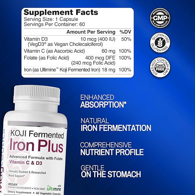 Koji Fermented Iron Plus - Iron Supplement with Vitamin C Vitamin D3 and Folate for Blood Support Easily Absorbed and Bioavailable Stomach Friendly Vegan Non-GMO - 60 Capsules