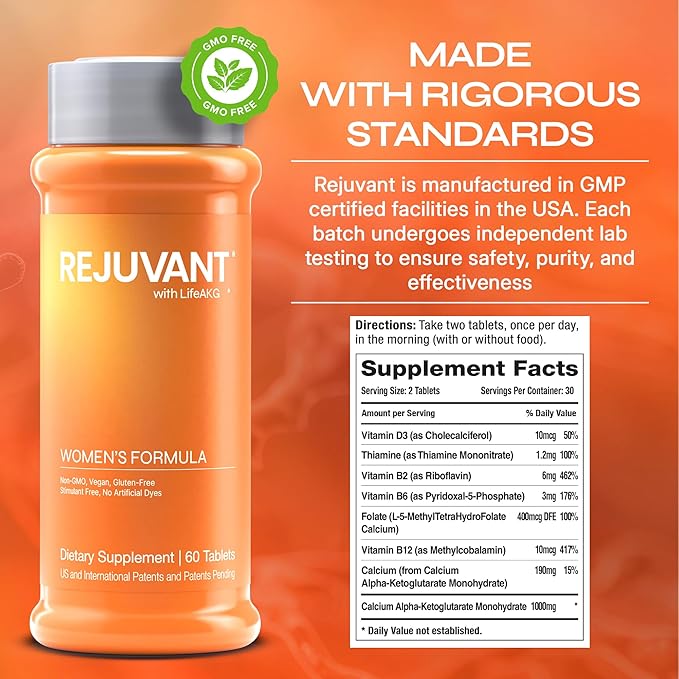 Rejuvant AKG Longevity Supplement 1000MG Ultra 98% Pure (Calcium Alpha-Ketoglutarate) New Formula Coated Tablets Patented Vitamin Rich Controlled Release Formula 60 Tablets