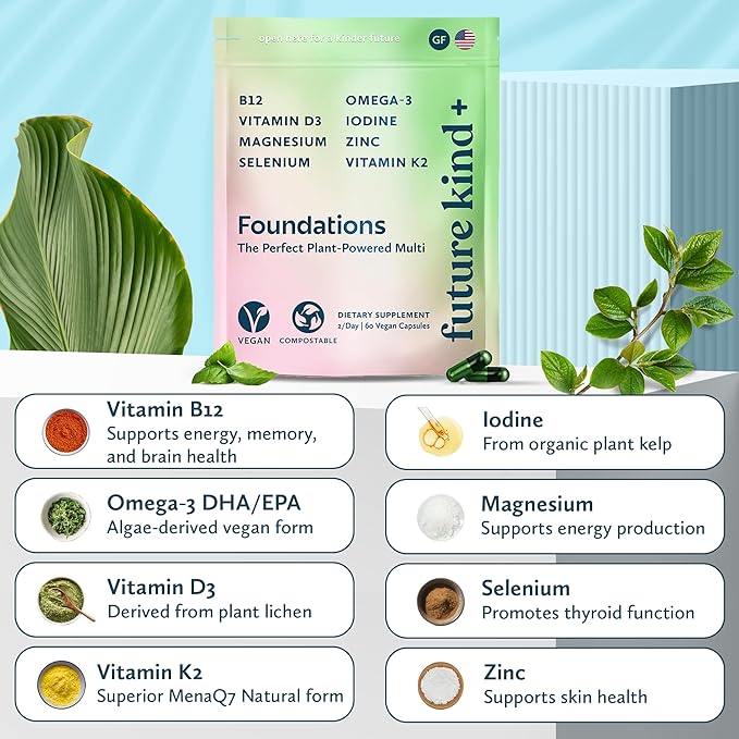 Future Kind Carrageenan-Free Foundations Multivitamin for Women &amp Men with Omega-3 B12 D3 Zinc Iodine Magnesium K2 &amp Selenium Vegan Compostable Bag (60ct)