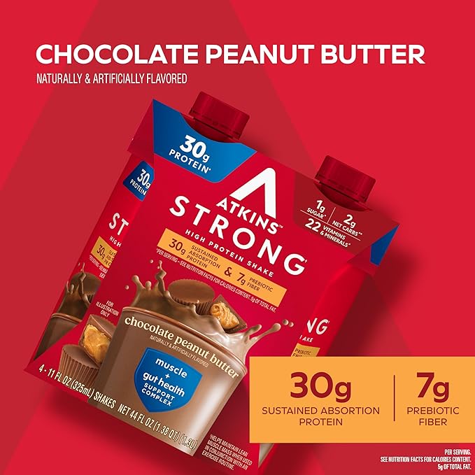 Atkins Strong High Protein Shake Chocolate Peanut Butter Flavor 30g Protein Low Carb and Low Sugar Shake Keto Friendly Gluten Free Muscle and Gut Health Support Complex (Pack of 24)