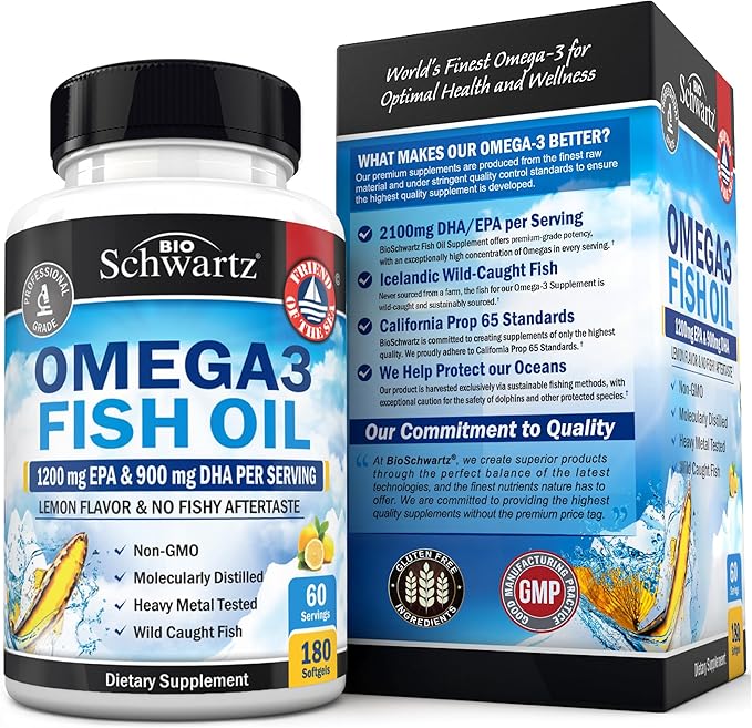 Triple Strength Omega 3 Fish Oil 3000mg - High Potency Omega 3 Supplement for Women and Men Burpless Lemon Flavor Fish Oil - 2250mg Essential Fatty Acids with DHA &amp EPA Wild Caught 180 Softgels
