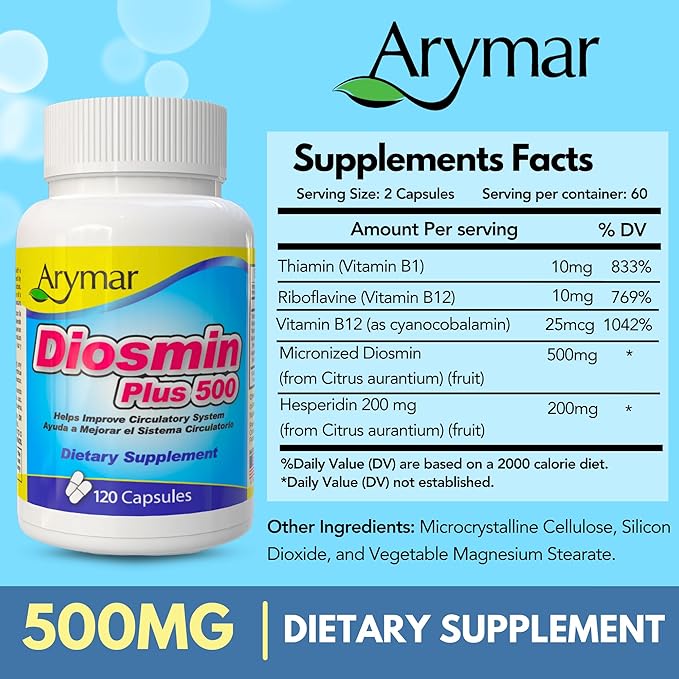 Arymar Diosmin Plus 500 - Circulatory System Support Supplement 500mg 120 Capsules