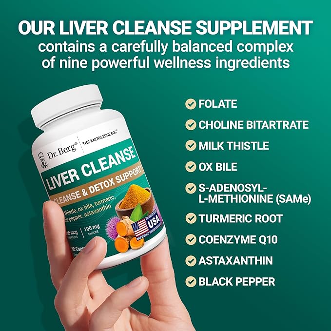Dr. Berg Liver Cleanse Detox Capsules w/Unique Blend of Milk Thistle Ox Bile &amp Folate - Liver Supplement Includes Turmeric Black Pepper &amp Choline - 60 Capsules