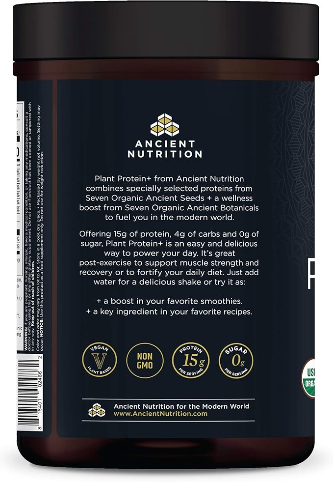 Ancient Nutrition Organic Plant Protein + Vegan Plant Based Protein Powder Vanilla Formulated by Dr. Josh Axe Dairy-Free Gluten-Free Non-GMO No Sugar Added Paleo Friendly Supplement 11.5 oz