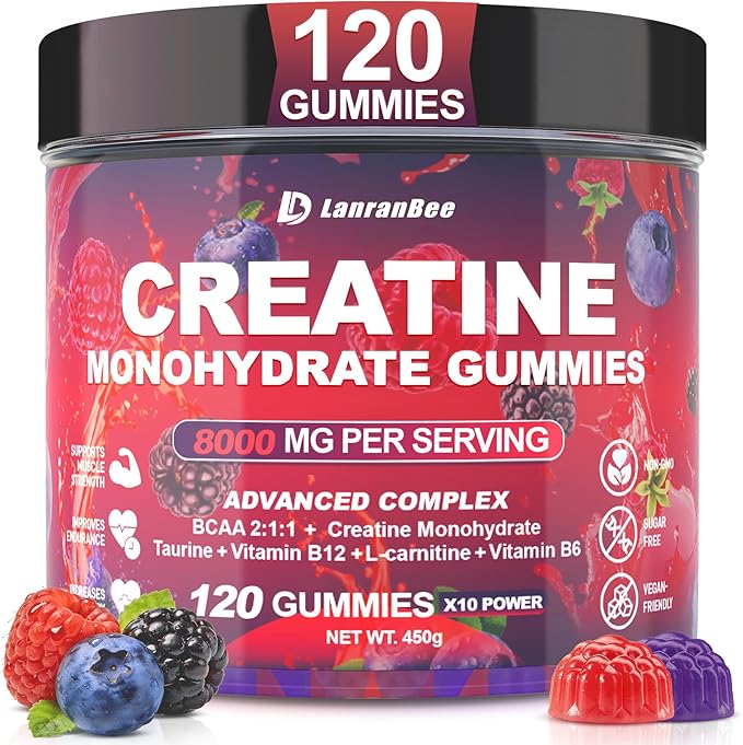 Creatine Monohydrate Gummies for Men &amp Women with L-Carnitine &amp Taurine – Pre-Workout Supplement for Muscle Strength Energy Boost – Sugar Free Vegan Berry Flavor Chewable Gummy 120 Count