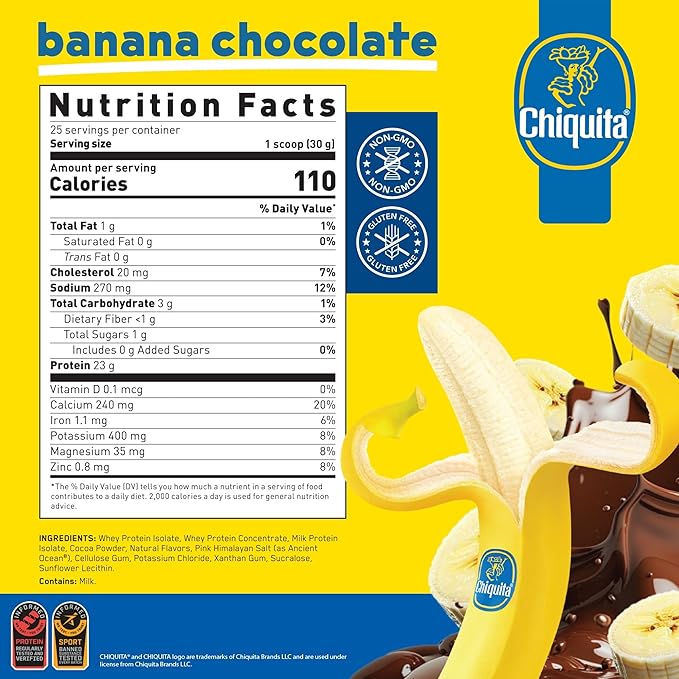 AN Performance Whey Protein Powder | Chiquita Banana Chocolate | 23g Protein 1g Sugar 100% Whey | Gluten-Free Low Carb Low Fat | Keto Friendly | Essential Amino Acids for Muscles | 25 Servings