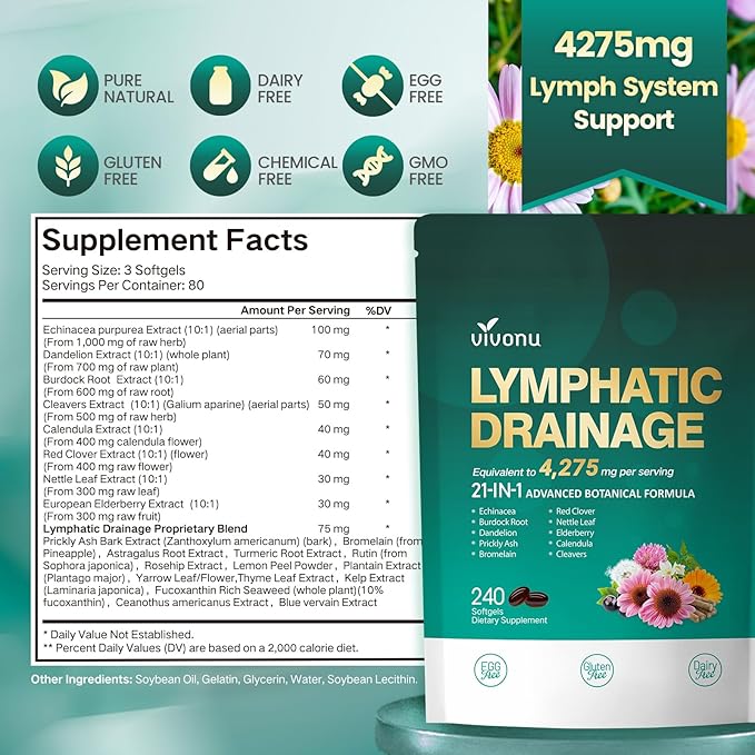 Lymphatic Drainage Supplement 240 Softgels 4275mg Lymph System Support Supplement for Women &amp Men 21-in-1 Herbal Blend with Echinacea Dandelion Burdock Bromelain Calendula Turmeric &amp M