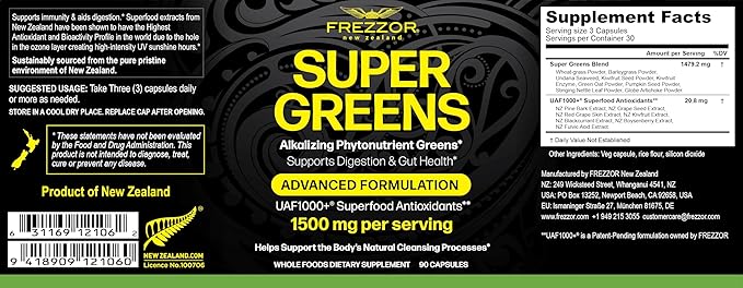 FREZZOR Omega 3 Black Green Lipped Mussel Oil 53x Higher Potency for Superior Joint Comfort &amp Mobility No Fishy Aftertaste 1 Bottle 60 Softgels Plus 1 Bottle of Super Greens