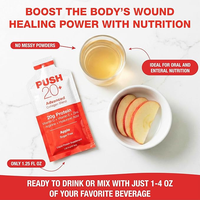 PUSH 20+ Advanced Collagen Blend Apple Flavor 20g Liquid Protein with Arginine Vitamin C E Zinc and Hyaluronic Acid Supports Wound Healing &amp Recovery Single-Serving 1.25 oz Packets Case of
