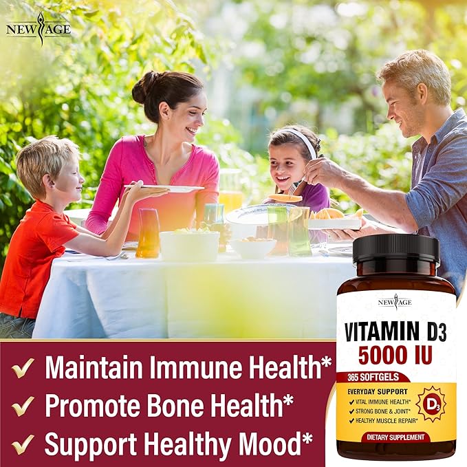 NEW AGE Vitamin D3 5000 IU 125mcg Softgels - Support Immune Support Strong Bone Health - Non-GMO Gluten-Free Dairy-Free1 Year Supply (360 Softgels (Pack of 1))