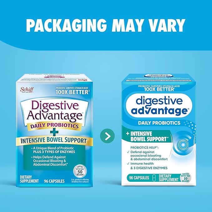IBS Daily Probiotic Capsules for Digestive Health &amp Gut Health Digestive Advantage Probiotics For Men and Women (96 count box) - Digestible Enzymes