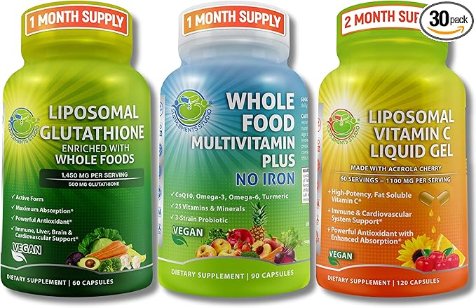 Daily Immune Antioxidant &amp Energy Support Bundle – Liposomal Glutathione 500mg with Whole Foods + Liposomal Vitamin C 1100mg Liquid Gel + Vegan Whole Food Multivitamin Without Iron