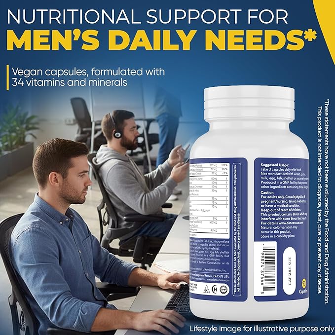 Daily Multivitamin for Men Vitality 34 Essential Ingredients 90 Capsules Men’s Multivitamin for Overall Wellness
