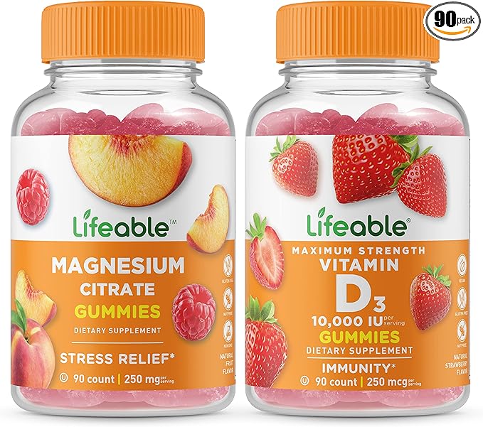Lifeable Magnesium 85mg + Vitamin D 10000 IU Gummies Bundle - Great Tasting Vitamin Supplement Gluten Free GMO Free Chewable Gummy