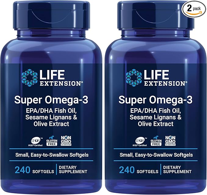 Life Extension Super Omega-3 EPA/DHA Fish Oil Sesame Lignans &amp Olive Extract - Omega 3 Supplement - for Heart Health and Brain Support - Gluten Free Non-GMO - 240 Easy-to-Swallow Softgels