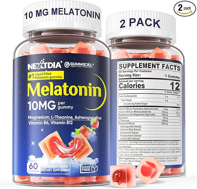 2 Pack Sugar Free Melatonin Gummies 10mg 20mg Magnesium Glycinate Melatonin for Adults Ashwagandha L-Theanine B6 B12 Lemon Balm and Chamomile for Deep Relaxation Antioxidant Vegan120 Day