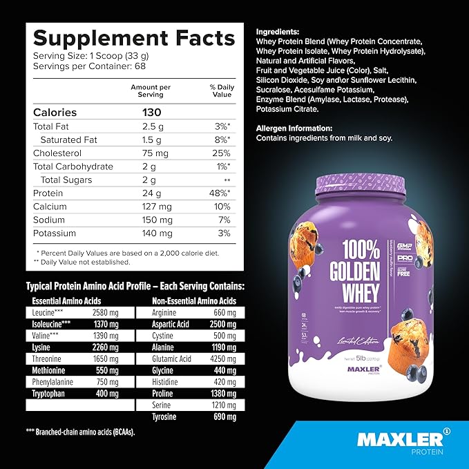 Maxler 100% Golden Whey Protein - 24g of Protein per Serving - Whey Protein Powder for Pre Post Workout - Fast-Absorbing Whey Concentrate Isolate &amp Hydrolysate Blend - Blueberry Muffin 5 lb