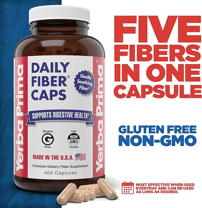 Yerba Prima Daily Fiber Caps Formula 400 Capsules - Both Soluble and Insoluble - with Psyllium Seed Husks Acacia Gum Apple Fiber and More - Dietary Supplement