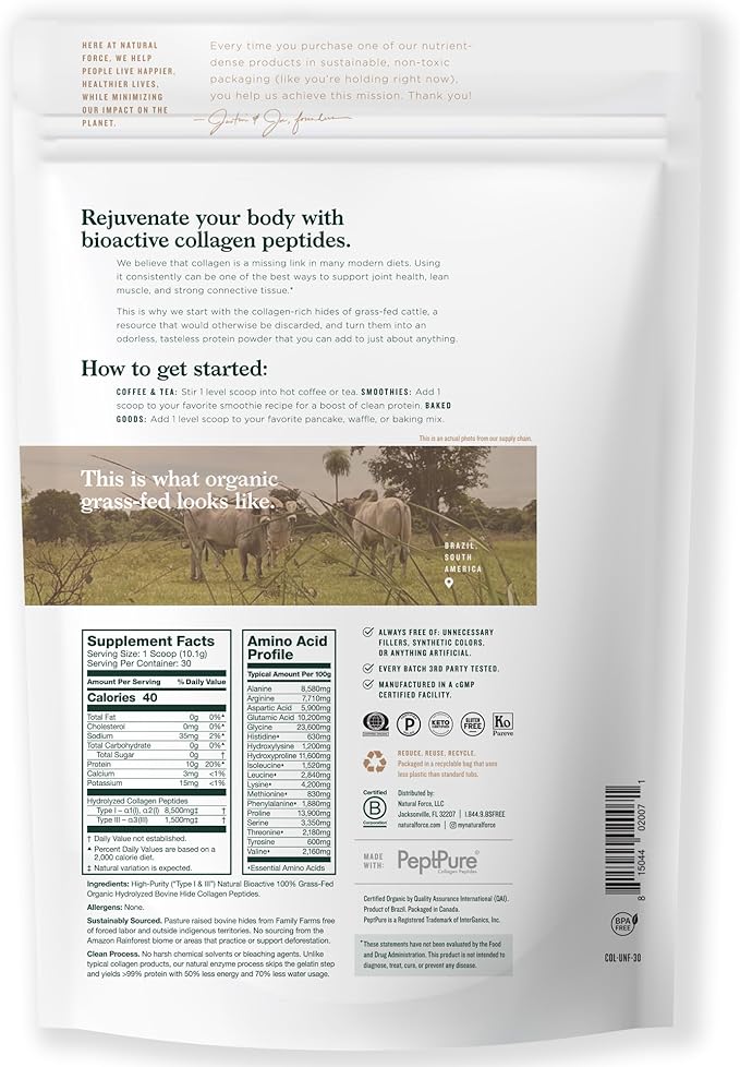 Natural Force Grass Fed Organic Whey Protein Powder 5 Pound A2 Protein Organic Clean Collagen Peptides Powder Unflavored 10.7oz
