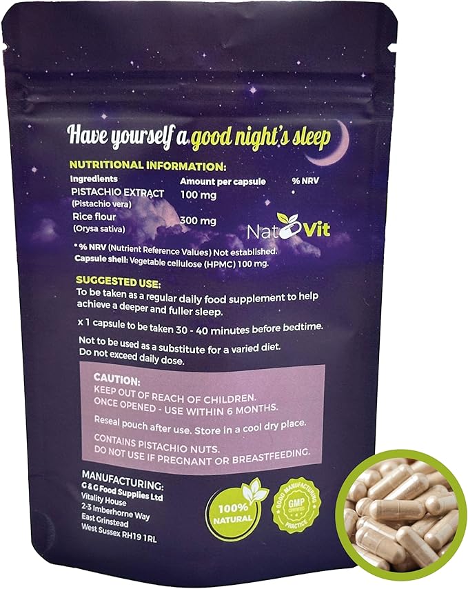 Pistachio Sleep/Unique Natural Sleep Aid Supplement/Natural Melatonin/Fall Asleep Faster/Deeper and Longer Sleep/No Drowsiness / 30 Vegan Capsules