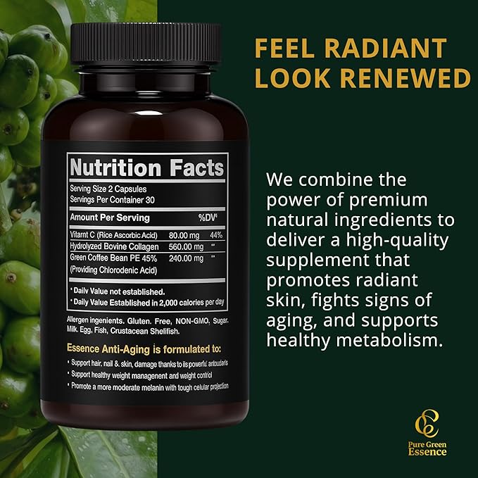 Anti-Aging with Colombian Green Coffee Extract Hydrolyzed Collagen and Vitamin C (60 Capsules)