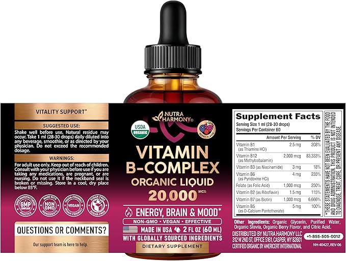 USDA Organic Vitamin B-Complex B5 Pantothenic Acid | B12 Methylcobalamin | B1 Thiamine | B6 Pyridoxine | B7 Biotin | B9 Folic | B3 Niacinamide - B Complex Liquid Drops Made in USA Supplement 2fl oz