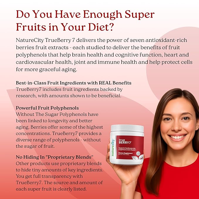 NatureCity True-Berry-7 Super Polyphenol Fruit Blend Drink Mix - Immune Support Supplement with Organic Elderberry Extract Antioxidants Supplement - 7 Scientifically Backed Ingredients (30 Servings)