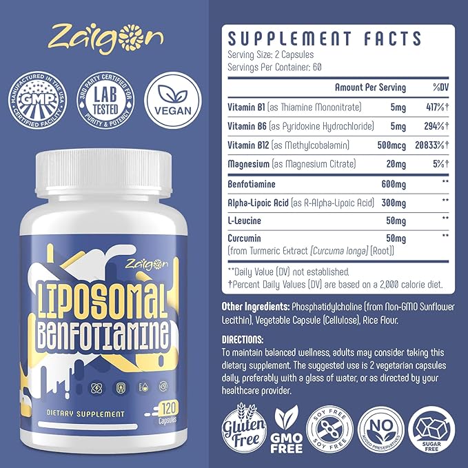 Zaigon Benfotiamine Thiamine Vitamin B1 Supplement 600mg Liposomal Fat Soluble VIT B1 with Alpha-Lipoic Acid for Men &amp Women Energy Boost Glucose Metabolism &amp Nerve Support (360 Vegan Capsu