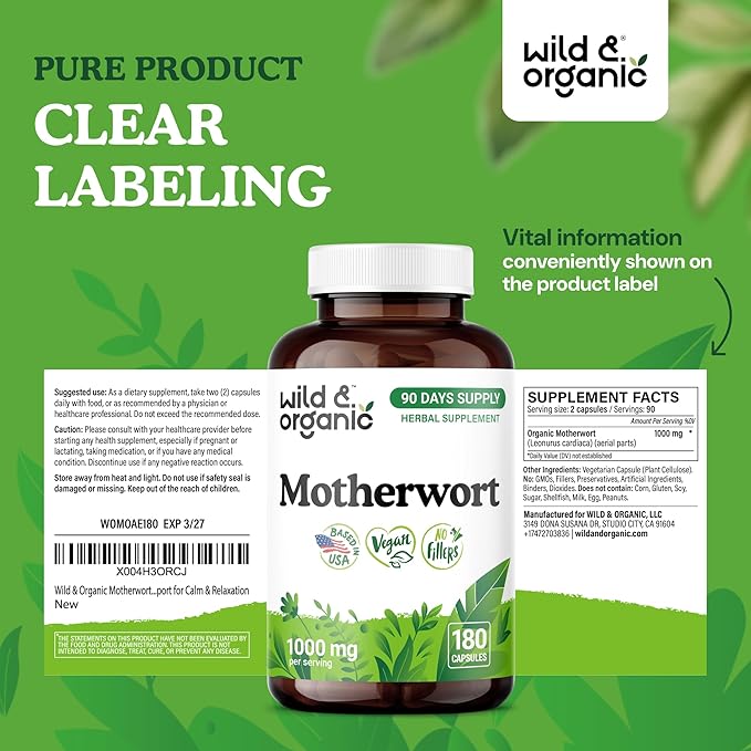 Wild &amp Organic Motherwort Capsules 1000 mg - Calmness &amp Women's Support - Natural Motherwort Supplement - 90 Days of Supply - 180 Vegan Herb Capsules - Non-GMO Gluten-Free No Additives